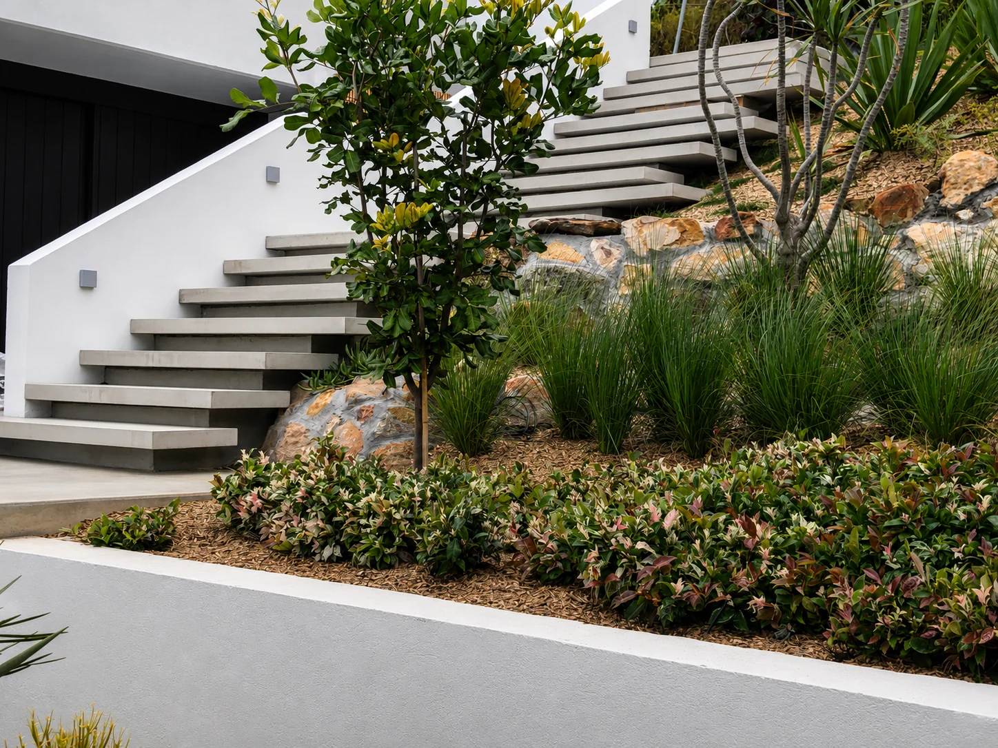Precast concrete stair treads in a landscaped garden